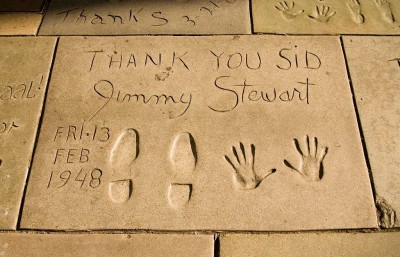 Jimmy Stewart and Jean Arthur were the stars of You Can't Take It With You. Here are Jimmy Stewart's hand and footprints at Grauman's Chinese Theatre in Los Angeles, California. Photo Courtesy: Carol M. Highsmith's America, Library of Congress, Prints and Photographs Division.