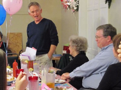 Son Tommy tells stories about his mom at her 96th birthday party. 