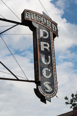 Vintage Drug Store Sign in Buford, Texas. Photo: Compliments of The Lyda Hill Texas Collection of Photographs in Carol M. Highsmith's America Project, Library of Congress, Prints and Photographs Division.