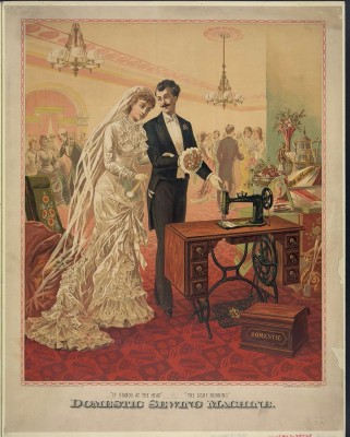 I'm not so sure the bride in this Domestic sewing machine advertisement from 1882 felt particularly cherished with a sewing machine for a wedding present.