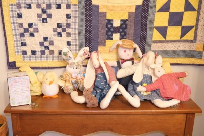 Mother made the boy bunny in the straw hat and his two sisters on either side of him when our children were small.