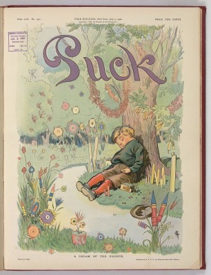 The cover of the July 4, 1906, edition of Puck magazine shows a little boy dreaming of fireworks in an illustration entitled, "A Dream of the Fourth."