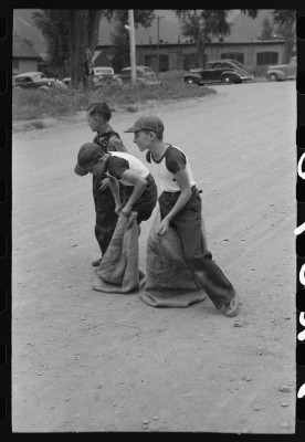 Boys' sack race at Labor Day celebration, Ridgway, Colorado, 1940. Photo courtesy Library of Congress.