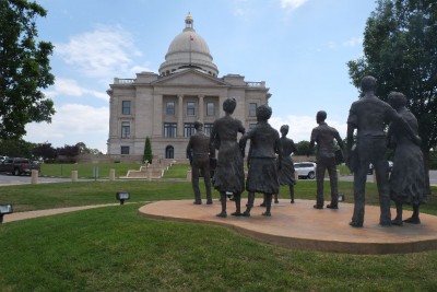 The statue stands on the grounds of the Arkansas State Capitol and was erected while Mike Huckabee served as governor of Arkansas.