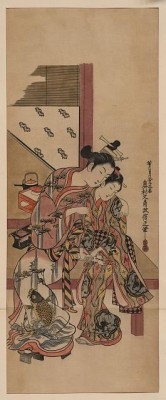 In this Japanese print published by Masanobu Okumura in 1743, a woman whispers into the ear of a young girl. Courtesy Library of Congress.