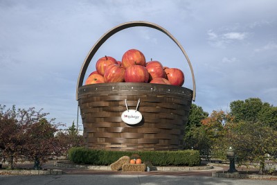 The Longaberger basket company has erected giant baskets in several central Ohio towns. This giant basket it is at the "Longaberger Homestead," a complex of office buildings, shops, restaurants in Frayzesburg, to which the company moved all its operations in 2016.