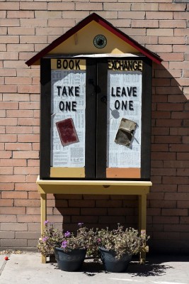 Little houses hold books offered free for the taking, with the expectation that users will also occasionally leave other books, Ridgway, Colorado, 2015. Courtesy Library of Congress.
