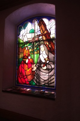 This stained glass window in the Ursaline chapel depicts Maria with native girls.