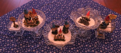 Three of my grandchildren helped me make this centerpiece recently. Dishes, salt, and gnomes from Dollar General -- voila, a centerpiece.