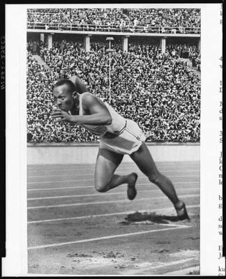 Olympic Champion Jesse Owens at the start of the 200 meter race where he broke a world record. Courtesy Library of Congress.