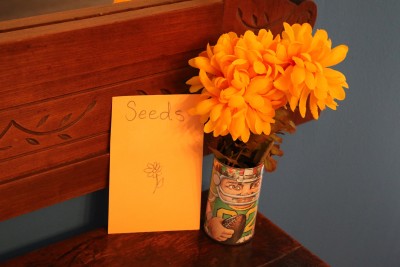A make-believe packet of seeds and a silk flower in a football player pot.