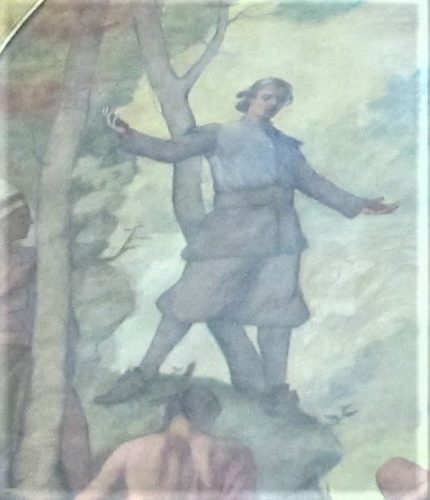 This is a portion of a painting inside the dome of the Massachusetts State House. It depicts John Eliot preaching to native people.
