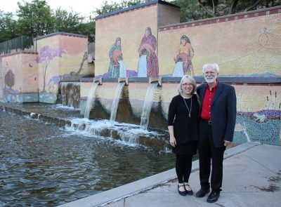 Ray and Charlene Notgrass by fountain in Bricktown, Oklahoma City, Oklahoma